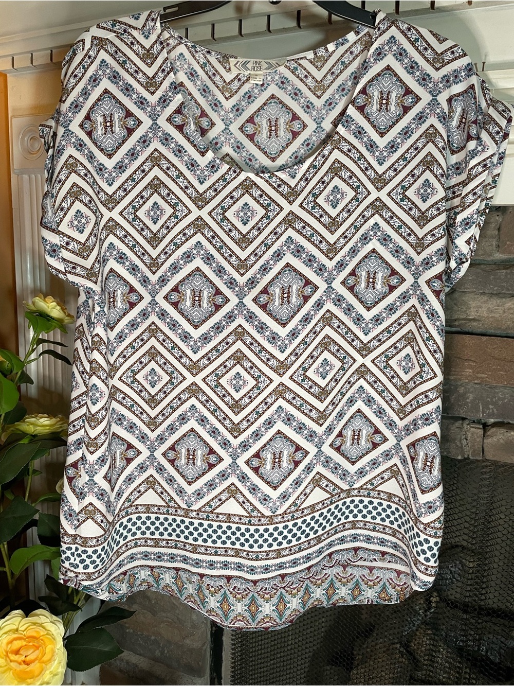 Pink Rose White Geometric Print Dolman Sleeve Blouse